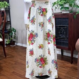 House of Harlow 1960 Helena Floral Maxi Skirt L Ivory Gold Dot Smocked Waist